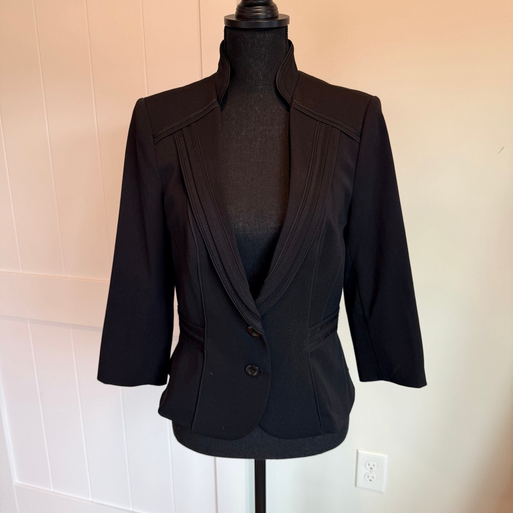 White House Black Market Black Peplum Blazer Jacket Size 6 Ribbon Trim